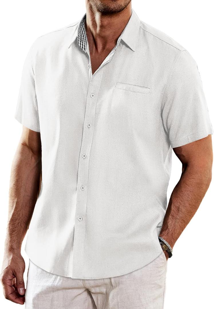 COOFANDY Men's Casual Linen Shirts Short Sleeve Button Down Shirt Summer Beach Tops (White, S)