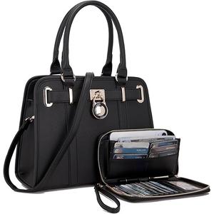 Handbags Sets For Women Shoulder Bags Top Handle Work Satchel Tote Purses Set With Matching Wallet 2Pcs, Black