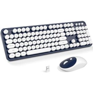 MOFII Wireless Keyboard and Mouse Combo, Computer Full Size 2.4G Plug and Play Wireless Typewriter Retro Round Keyboard and Mouse Set for Windows, Computer, Desktop, PC, Notebook - (Dark Blue)