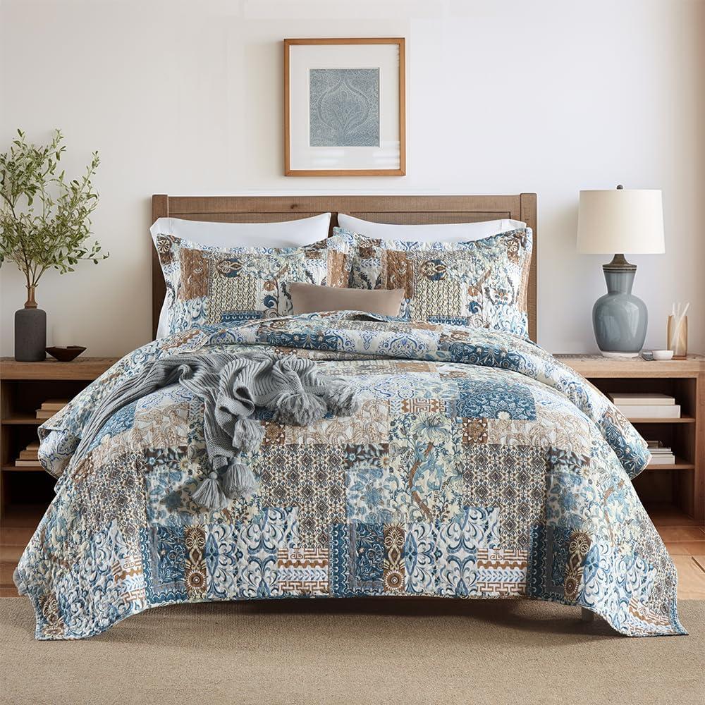 ENASAL Cotton Bedspread Quilt Bedding Sets Reversible Coverlet Comforters Blue Bohemian Rustic Floral Patchwork Pattern Bedspread for All Season,King Size