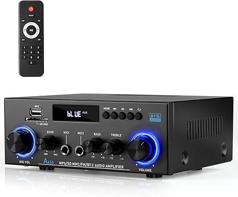 Stereo Audio Amplifier, 2 Channel 400W Bluetooth 5.0 Home Theater Power Amplifier with FM, Echo, AUX, USB, SD, MIC Inputs, HiFi Amplifier for Passive Speakers and Active subwoofer