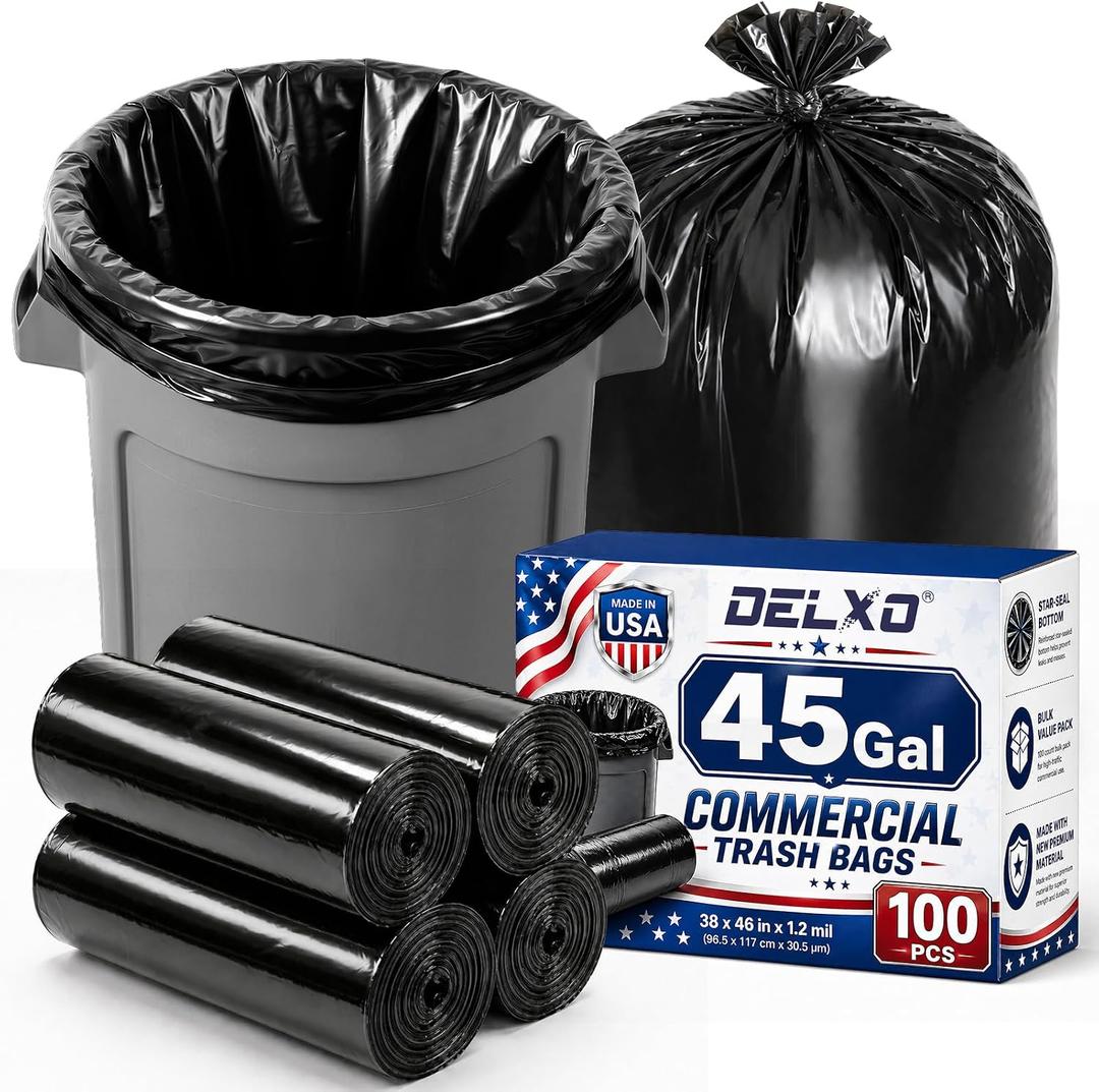 Delxo 40-45 Gallon Trash Bags, 1.2 Mil Commercial Black Garbage Bags, 38” x 46” Heavy Duty Large Plastic Trash Bags, Commercial Liners for Office, Retail, Catering & Events, Made in USA, 100 Count