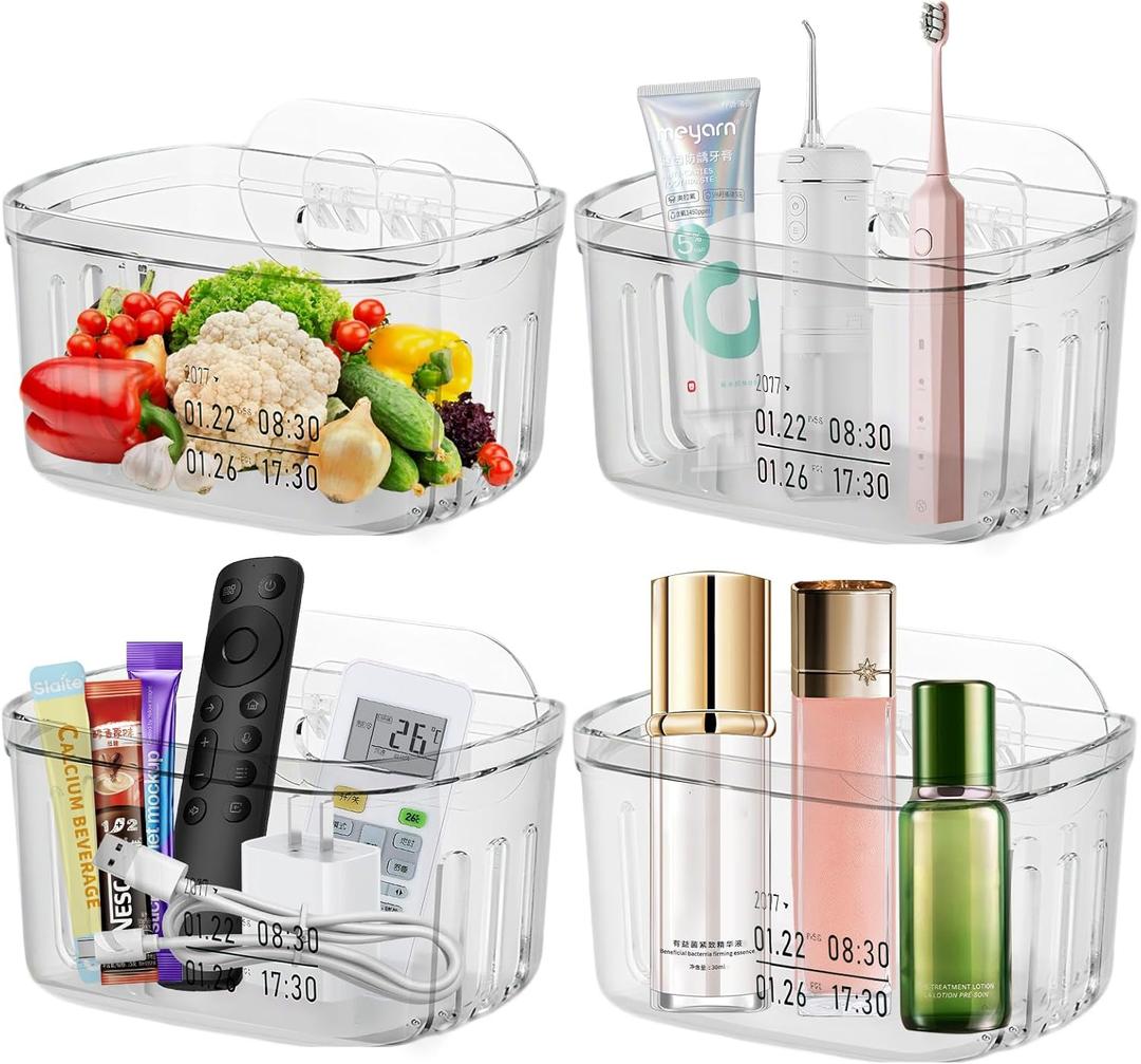 4 Pcs Acrylic Wall Mounted Storage Bins,Clear Hanging Baskets,Adhesive Cabinet Door Organizer Space-Saving,Wall-Mounted Transparent Containers for Kitchen Makeup Bathroom Pantry