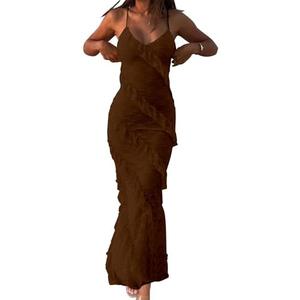 HOCILLE Women's Sexy V Neck Floral Lace Wedding Bodycon Spaghetti Strap Elegant Ruffle Maxi Cocktail Party Dresses, XS