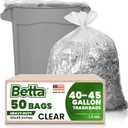 Betta 40-45 Gallon Clear Trash Bags, 50 Count Box, (40x46-inch) Commercial Heavy-Duty Garbage and Recycling Can Liners for 32-44 Gallon Round Cans, 25-35 Gallon Slim and Square Cans