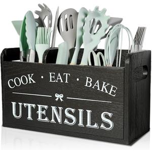 Wooden Kitchen Utensil Holder with 3 Compartments, Utensil Storage Organizer for Kitchen Counter, Farmhouse Decor & Rustic Cooking Tools Storage(Black)