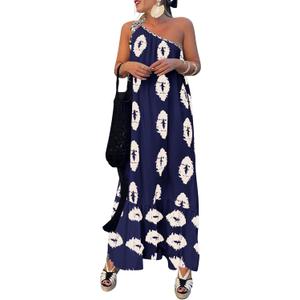 PRETTYGARDEN Women's Summer One Shoulder Maxi Dresses Printed Flowy Boho Beach Vacation Long Sundress (Navy Apricot Floral, Small)