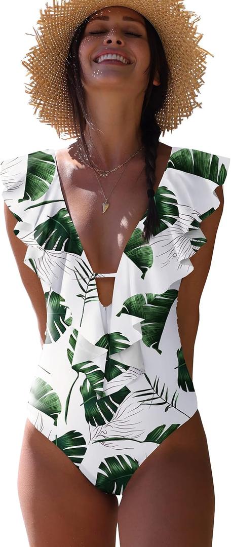 SPORLIKE Women One Piece Swimsuit V-Neck Ruffle Bathing Suit Padded Monokini (Medium)