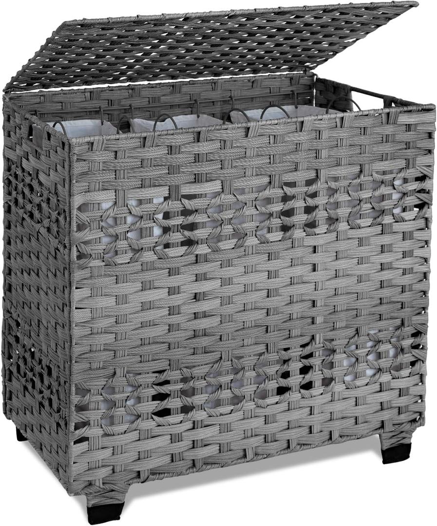 OIAHOMY Laundry Hamper with Lid, 140L Clothes Hamper with 3 Removable Liner Bags, Foldable Basket with Lid, Synthetic Wicker Laundry Basket for Bedroom, 27x 13 x 26 Inches, Grey, Extra Large