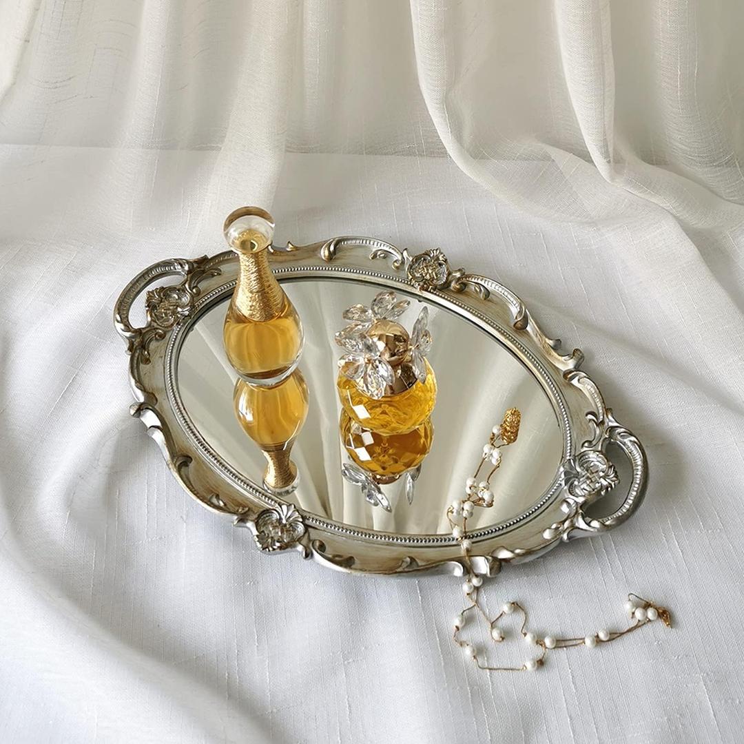 Oval Decorative Mirror Tray, French Style, Makeup Organizer, Jewelry Organizer, Serving Tray, 9.8"x 14.6", Golden Silver
