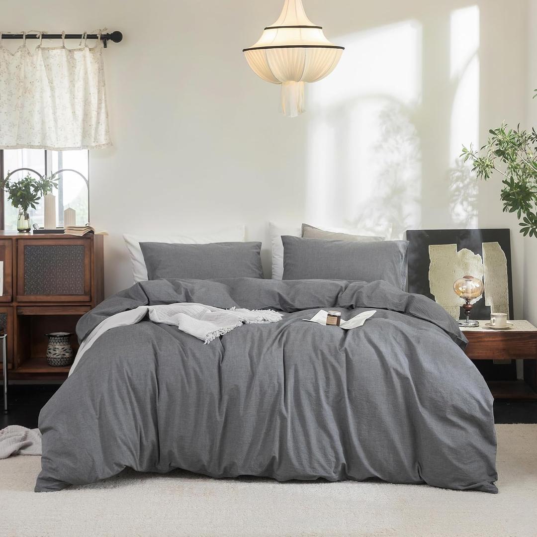 FOSSA Duvet Cover Set 100% Washed Cotton Linen Feel Super Soft Breathable Cozy 3 Pieces Bedding Sets Solid Dark Grey King (King (104"  90"))