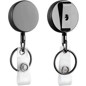 Will Well ID Badge Holder Reel with Clip and Keyring - Heavy-Duty All-Metal Casing with 27.5" UHMWPE Fiber Pull Cord for Durability and Easy Access, Holds up to 8 Keys - 2-Pack, Round, Glossy Black