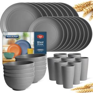 Teivio 32-Piece Kitchen Plastic Wheat Straw Dinnerware Set, Service for 8, Dinner Plates, Dessert Plate, Cereal Bowls, Cups, Unbreakable Colorful Plastic Outdoor Camping Dishes, Grey (Gray)