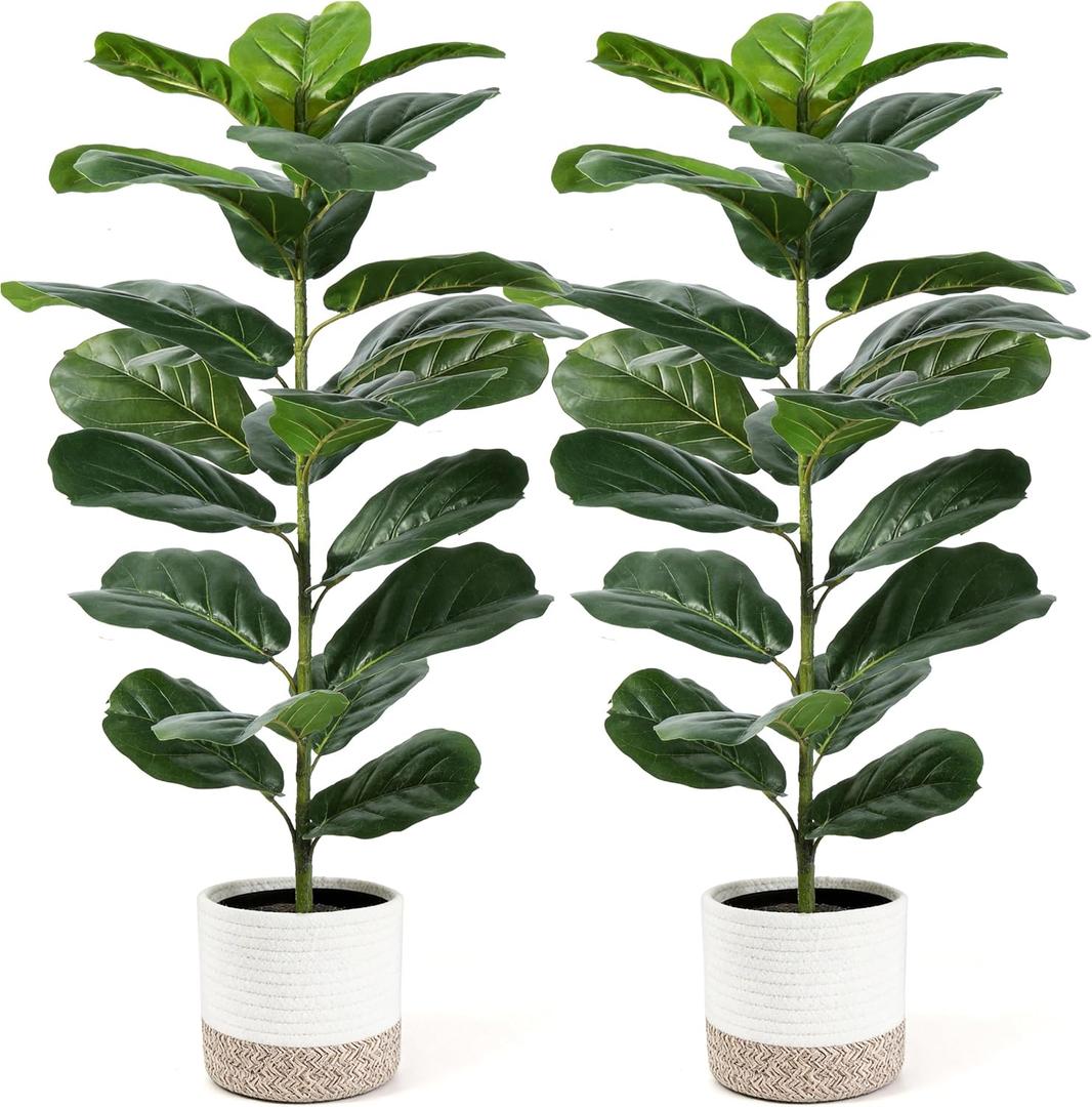 Der Rose 2 Pack 30" Artificial Fiddle Leaf Fig Tree, Mid-Size Realistic Plants Indoor & Outdoor Fake Plants for Apartment Home Living Room Office Decor (30" Without LED Lights)