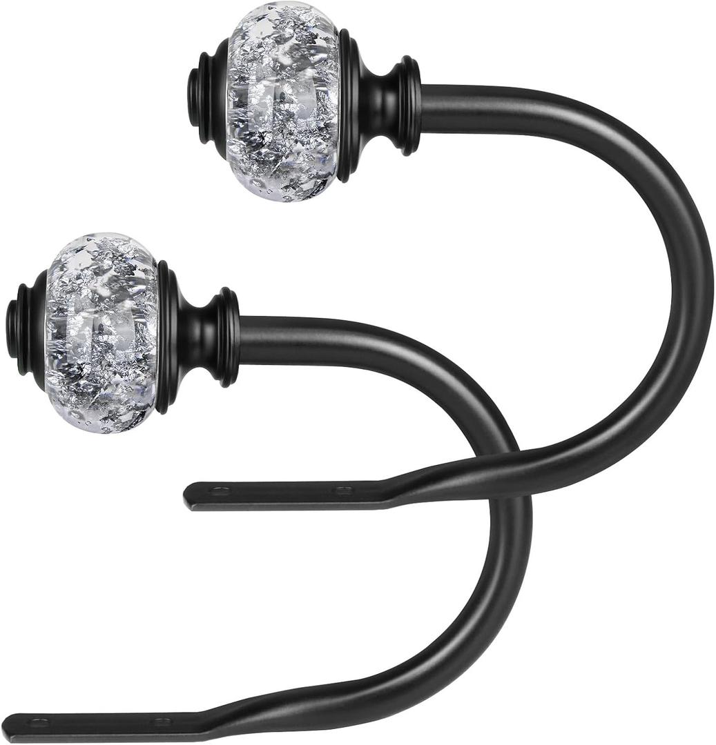 2 Pack Curtain Holdbacks, USFOOK Black Decorative Window Drapery Tiebacks (2 Pack/1 Pair), Curtain Tie Back Hooks for Wall with Translucent Finials (3.95" L x 3.4" W)