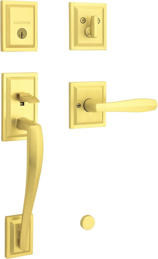 Baldwin Torrey Pines, Front Entry Handleset with Interior Lever, Featuring SmartKey Deadbolt Re-Key Technology and Microban Protection, in Satin Brass