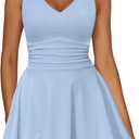 IWD Women's Sexy V Neck Sleeveless Corset Mini Dress Tiered Ruffle Hem A Line Short Party Club Dresses (Blue, L)