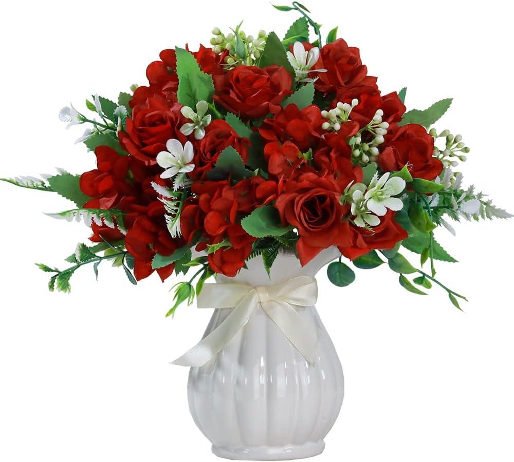 LESING Artificial Rose Silk Hydrangea Flowers Bouquets with Vase Rustic Fake Flowers for Home Decoration Table Centerpiece(Claret Red)