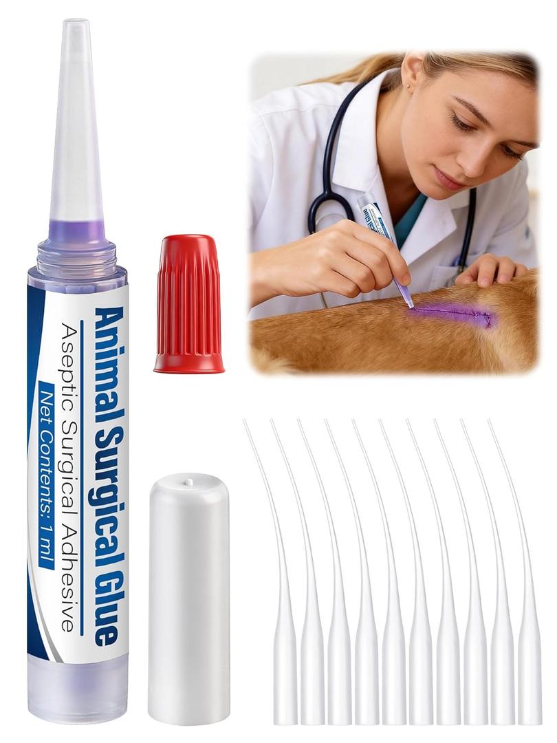 Veterinary Surgical Skin Glue, Strong Surgical Adhesive with 10 Precise Applicators, Blue Tinted Fast Acting Waterproof Wound Closure for Pets Dogs Cats, Pain Free & Stress Free (1 Pack,1ml)