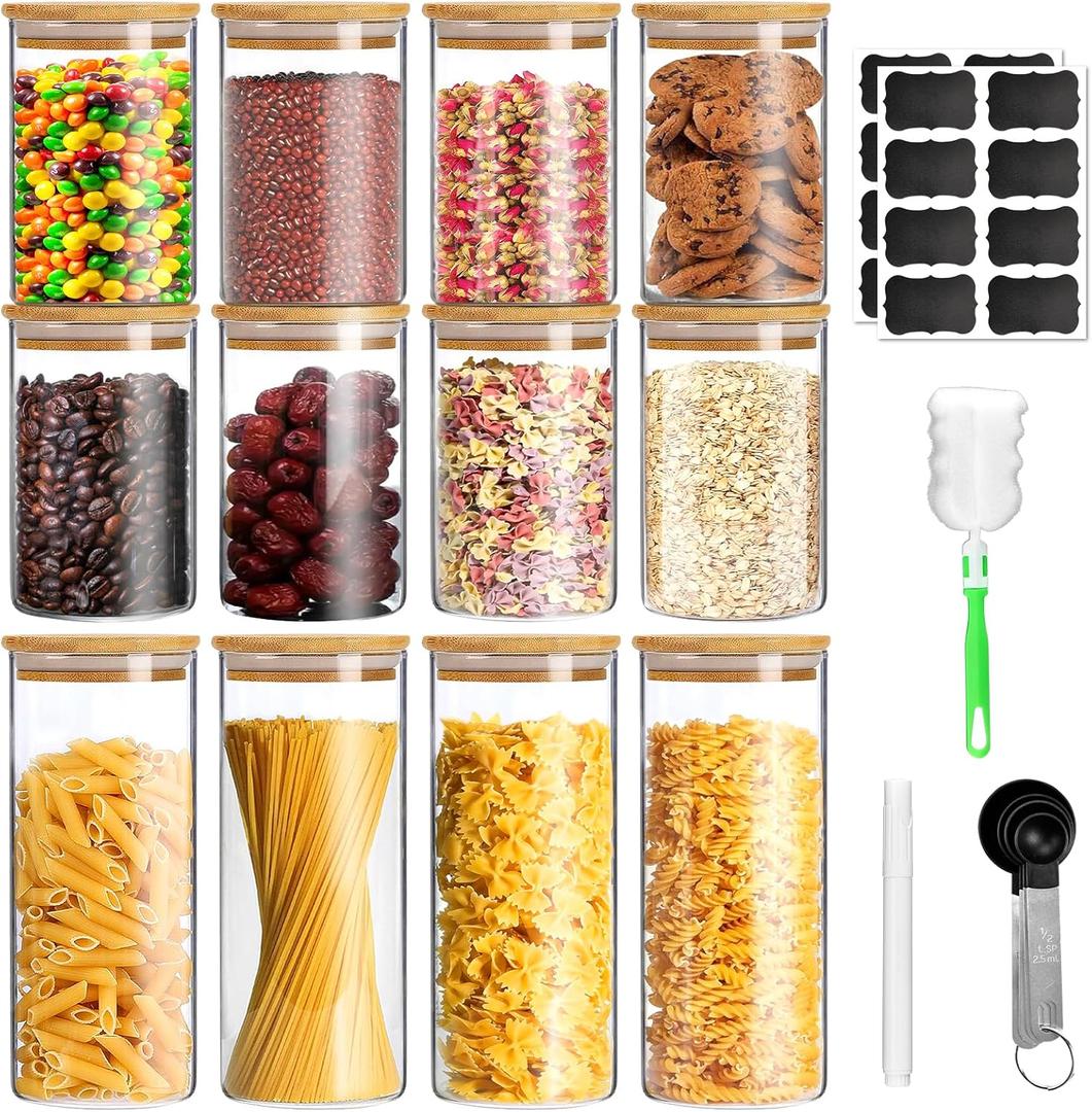 Glass Jars with Bamboo Lids Set of 12, Glass Storage Containers with Airtight Lids Storage Jars Food Storage Containers for Pasta, Flour, Cereal, Sugar, Cookie Glass Jars with Bamboo Lids Set of 12, Glass Storage Containers with Airtight Lids Storage Jars Food Storage Containers for Pasta, Flour, Cereal, Sugar, Cookie