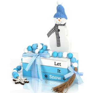 Winter Decorations Wooden Faux Book Stack Snowman Decor with Bead Garland, Winter New Year Tabletop Centerpiece Farmhouse Decor for Tirered Tray Mantel Fireplace Home Shelf Office Desk