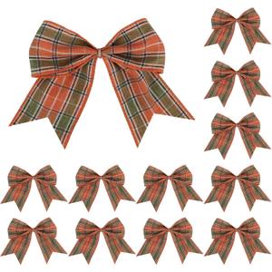 12 Pcs Fall Bows 6 Inch Orange and Green Buffalo Plaid Decorative Wreath Bows for Thanksgiving Autumn Harvest Gift Wrapping Party Holiday Basket Ornaments (Fall)