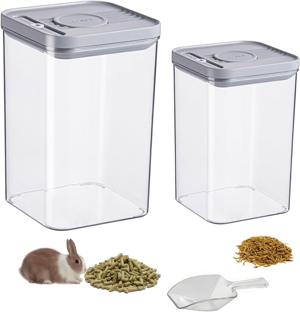2 Pack Pet Food Storage Containers, 2.6L & 1.6L Small Animal Food Storage Box, Hamsters Treats Container with 1 spoons suitable for cats/hamsters/guinea pigs/rabbits dry food container (White)