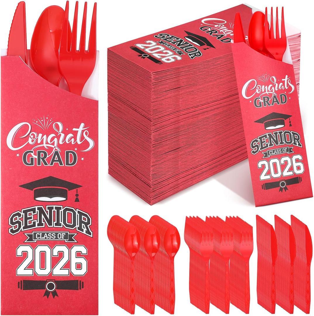 Funnymoom 400 Pcs 2026 Graduation Wrapped Silverware Bags Holder - Disposable Dinnerware Set Includes Plastic Spoons Knives and Forks, Class of 2026 Parties School Congrats Supplies(Red)