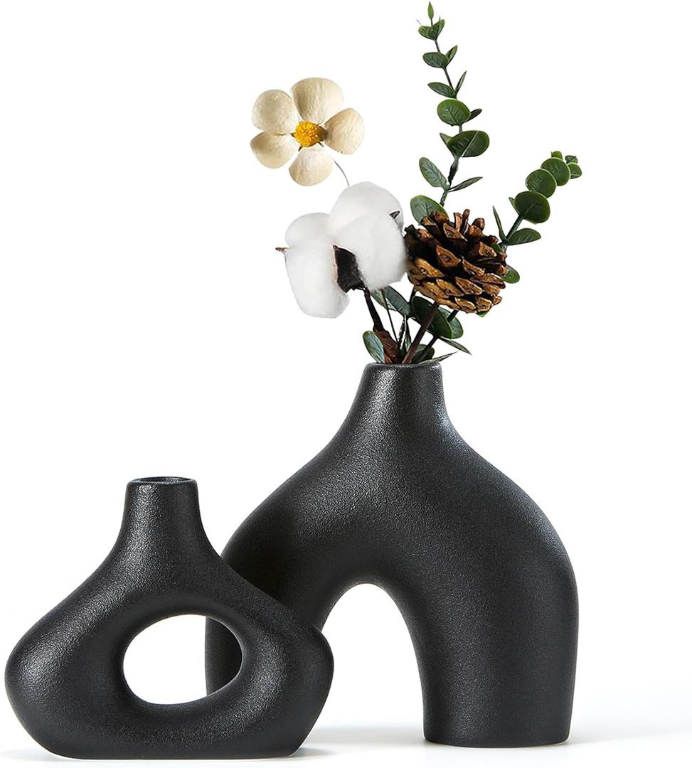 CEMABT Black Ceramic Vase Set of 2 for Modern Minimalist Bohemian DecorRound Matte Donut Vases for Pampas Grass-Perfect for Living Room, Dining Table, Office Bedroom Shelf Decor Entryway, Console