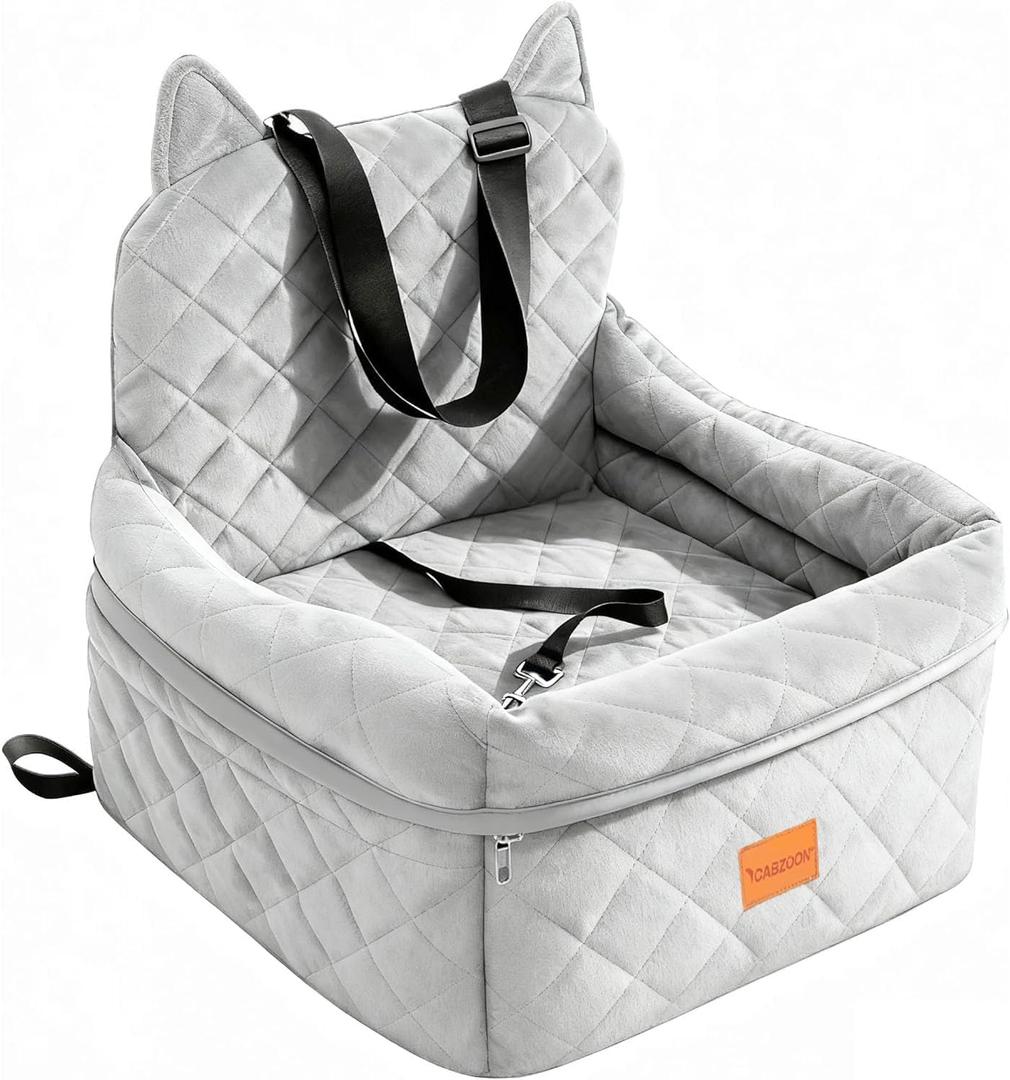 CABZOON Dog Car Seat for Small/Medium Dogs Up to 35lbs,Elevated Cushion Fits in Front/Back Seat,Travel Safety Per Car Bed with Washable Removable Cover, Storage 2 Pockets BlackGrey