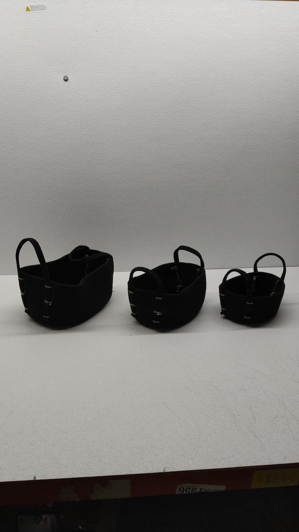 HD Small-Medium Fabric Rope Basket, Black,  Set of 3