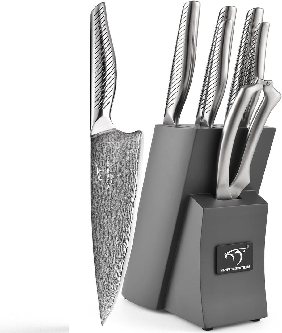 NANFANG BROTHERS 7 Pieces Damascus Kitchen Knife Set, High Carbon Stainless Steel Damascus Steel Chef Knife Set, Stainless Steel Ergonomic Handle for Chef, Knife Block Set for Chopping NF