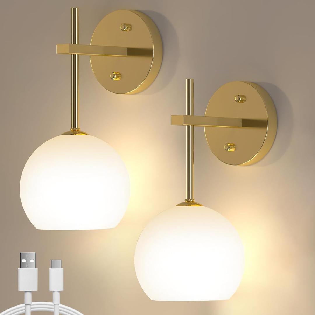 LABOREDUCER Gold Battery Rechargeable Wall Sconces Set of 2, Sconces Wall Lighting with Frosted Glass, Wireless LED Color Changing Wall Mounted Lights, Wall Lamps for Bedroom, Living Room, Staircase (Gold-1)