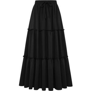 Arolina Womens Summer Boho Skirts Flowy High Waisted Black Maxi Skirt 2025 Trendy Beach Vacation Outfits with Pockets, Large 