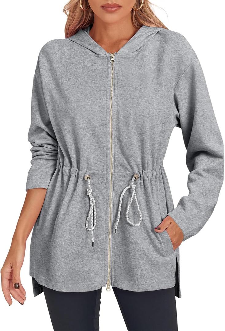 Fisoew Women's Zip Up Hoodie Sweatshirts Oversized Long Sleeve Casual Drawstring Waist Side Slit Tunic Tops (X-Large, Light Grey)