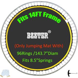 Trampoline Replacement Mat,Fits 14ft Round Frame,with 72 80 84 88 96 Rings for Choose,Fits 5.3-7 Inch Springs,10 Rows of Stitching,w/Pull Hook and Gloves,14ft Trampoline Mat
