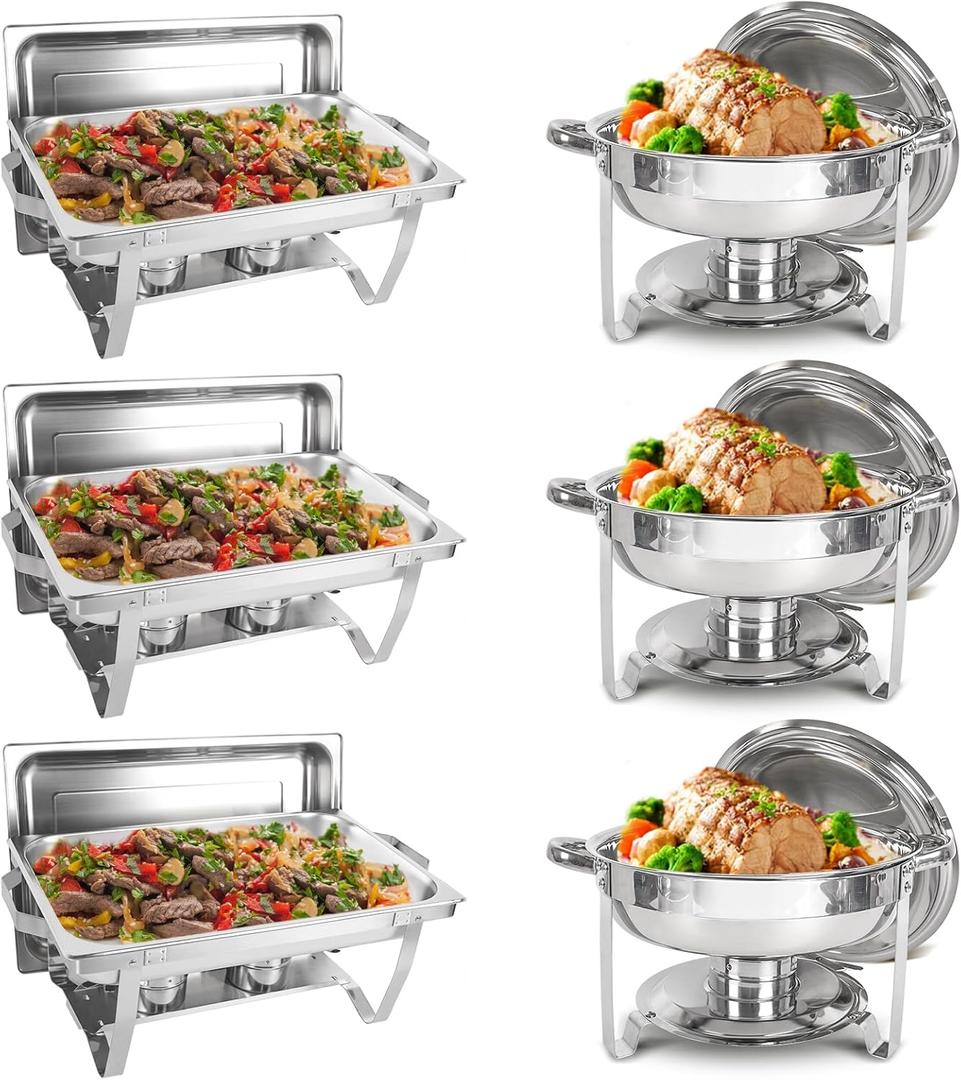 IMACONE Chafing Dish Buffet Set 6 Packs, 5QT Round& 8QT Rectangle Stainless Steel Chafer for Catering, Chafers and Buffet Warmer Sets w/Food & Water Pan, Lid, Fuel Holder for Event Party Holiday