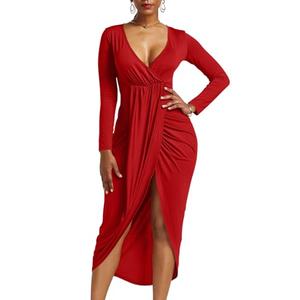 GOBLES Women's Sexy Long Sleeve V Neck Wrap Ruched Front Slit Midi Party Dress Red XL