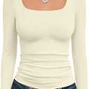 Trendy Queen Womens Long Sleeve Shirts Crop Tops Fall Fashion 2025 Square Neck Going Out Basics Tees Y2k Clothes (Medium, Apricot)