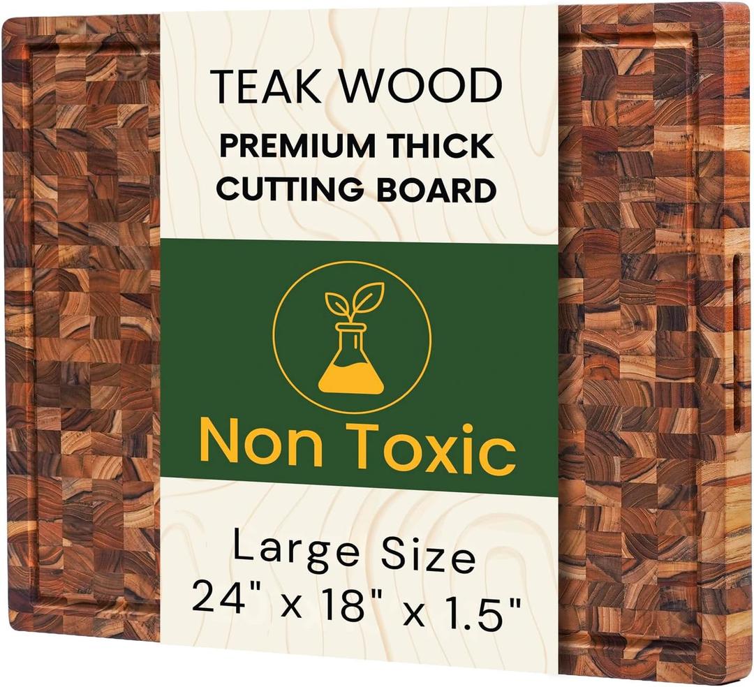 Premium Teak Wood XL End Grain Butcher Block Cutting Board 24" x 18" x 1.5" Thick Cutting Board for Meat & BBQ Prep, Knife-Friendly Cutting Board with Juice Groove & Handle by New M Way, 24"L x 18.1"W