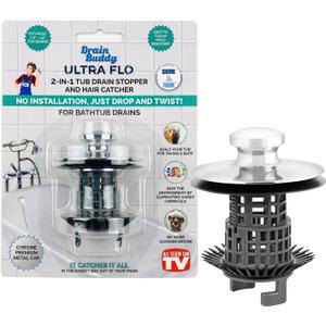 Drain Buddy Ultra Flo No Installation 2 in 1 Clog Preventing Tub Drain Stopper and Hair Catcher for 1 3/8" to 1.5" Bathtubs and Utility Sinks Chrome Metal Cap