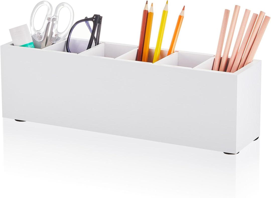 Jetec Wooden Pencil Pen Holder for Desk 6 Compartments Wood Office Desk Organizers for Countertop Adjustable Makeup Brush Organizer Silverware Caddy for Party, Home, Art Supplies(White)