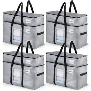 TAILI 2 Tier Extra Large Moving Bags, 4 Pack Silver Heavy Duty Totes for Storage with Visible Window, Wrap Around Handles, Storage Bags for Space Saving, Alternative to Moving Boxes