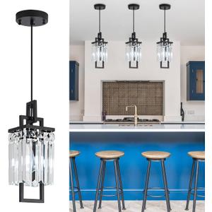 Modern Black Pendant Light Fixtures for Kitchen Island and Dining Room, Industrial Small Hanging Crystal Chandelier Light Fixture for Bedroom Entryway Living Room Foyer Hallway 3-Pack (1-Light Pendant Light, 3-Pack, Black, 3-Pck)