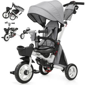 JMMD 8 in 1 Tricycle Stroller with Push Handle, Foldable Trike with 360 Swivel Seat, Reclining Backrest, All-Terrain Wheels, Dual Brakes, Canopy & Storage, Gift for Kids 18 Months to 5 Years, Gray