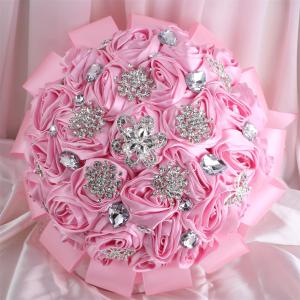 9.8" Pink Bridal Wedding Bouquet Throw Toss Artificial Rose Flower Bunch with Bling Brooch for Bride Bridesmaid Wedding Quinceanera