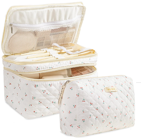 HBselect 2Pcs Travel Makeup Bag, Large Cotton Quilted Makeup Bag Cosmetic Bag Cute Make up Bag Toiletry Bags for Women Girls