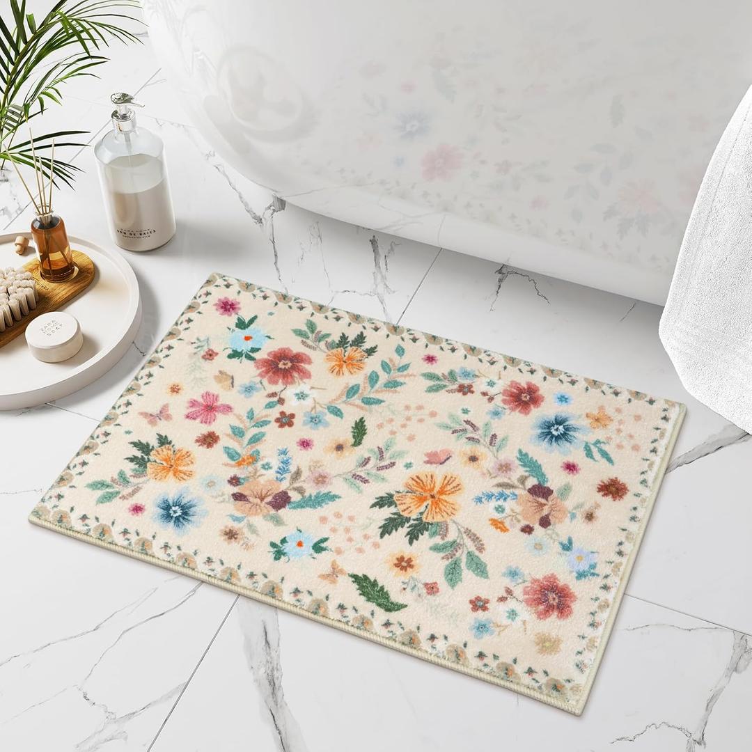 Uphome Bath Rugs for Bathroom, Neutral Beige Bathroom Rugs, Boho Floral Non-Slip Bath Mat, Ultra-Soft Machine Washable Modern Shower Rug for Toilet Sink Tub, 18x26 inch