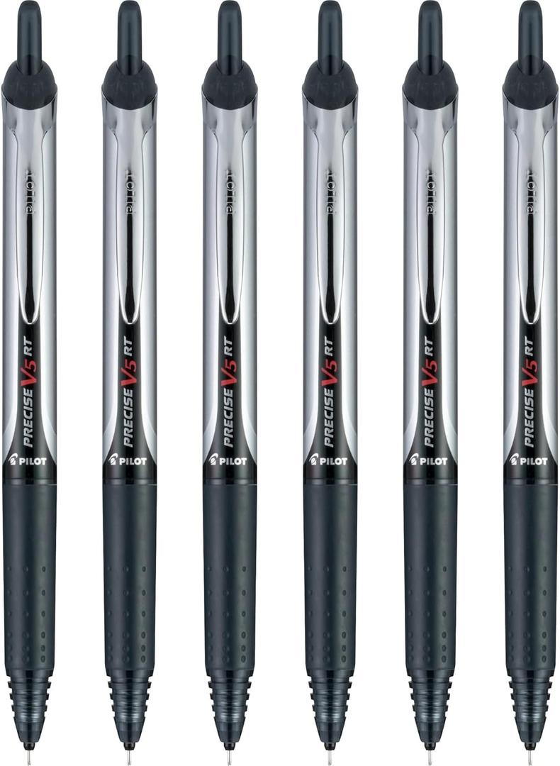  Pilot Precise V5 RT Refillable & Retractable Rollerball Pens, Extra Fine Point Pens 0.5 mm, Black, Pack of 6 - Ideal for School, Journaling & Office Writing