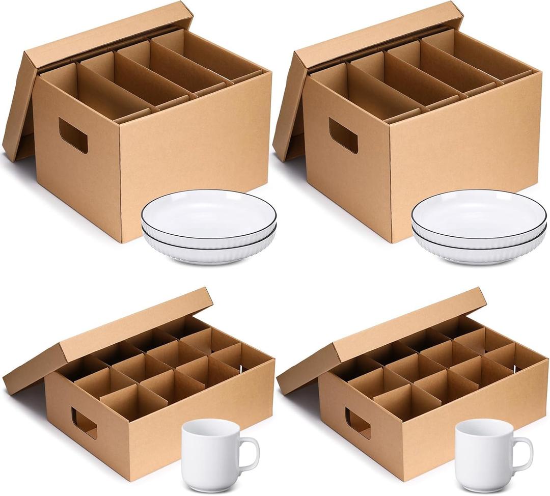 MotiMind 4 Pack Dish Mug Moving Boxes with Divider Kits Included 2 Dish Glass 15 x 12 x 10 Inch and 2 Mug 17 x 13 x 6 Inch Kitchen Moving Boxes with Handle Packing Box for Glassware